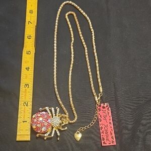 Betsey Johnson Gold and Pink Crystal Spider Necklace